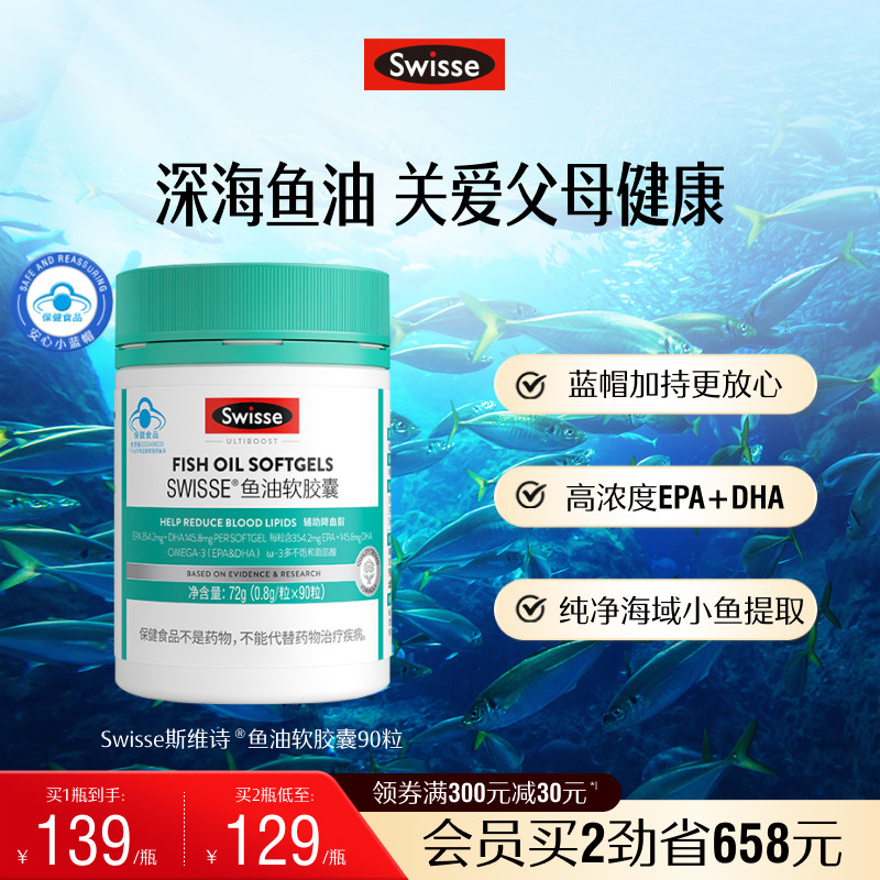 Swisse斯维诗鱼油深海鱼omega3软胶囊成人中老年营养品旗舰店正品
