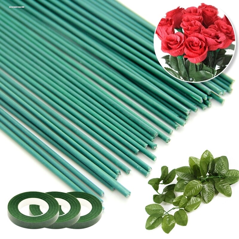 2号花艺绿铁丝花杆玫瑰花花茎花枝绿塑包铁丝DIY纸花儿童手工材料