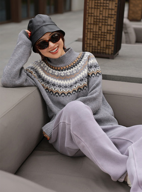 ise“费尔岛之旅”100%绵羊毛复古灰色半高龄针织毛衣K2540892W