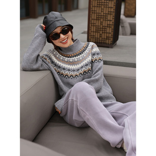 ise“费尔岛之旅”100%绵羊毛复古灰色半高龄针织毛衣K2540892W