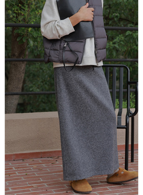 ise“chill 通勤”灰色抽绳绵羊毛休闲百搭长半裙K2540508