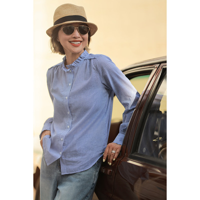 ise“Chill 通勤”系列天蓝色条纹长袖休闲衬衫P2530106