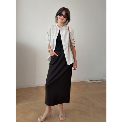 ise2025春季新款及膝简约蓝黑色宽松松紧腰针织半裙K2510508