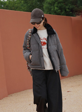 ise“重磅保暖”加厚羊毛料灰色拼接翻领巴恩风羽绒外套P2541212