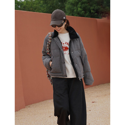 ise“重磅保暖”加厚羊毛料灰色拼接翻领巴恩风羽绒外套P2541212