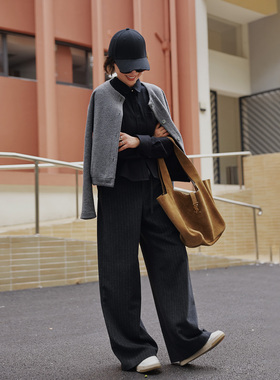 ise“冬日随暖”深灰色条纹系带羊毛羊绒宽松西装长裤P2540632