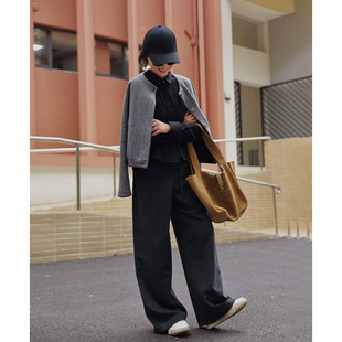 长裤 深灰色条纹系带羊毛羊绒宽松西装 P2540632 冬日随暖 ise