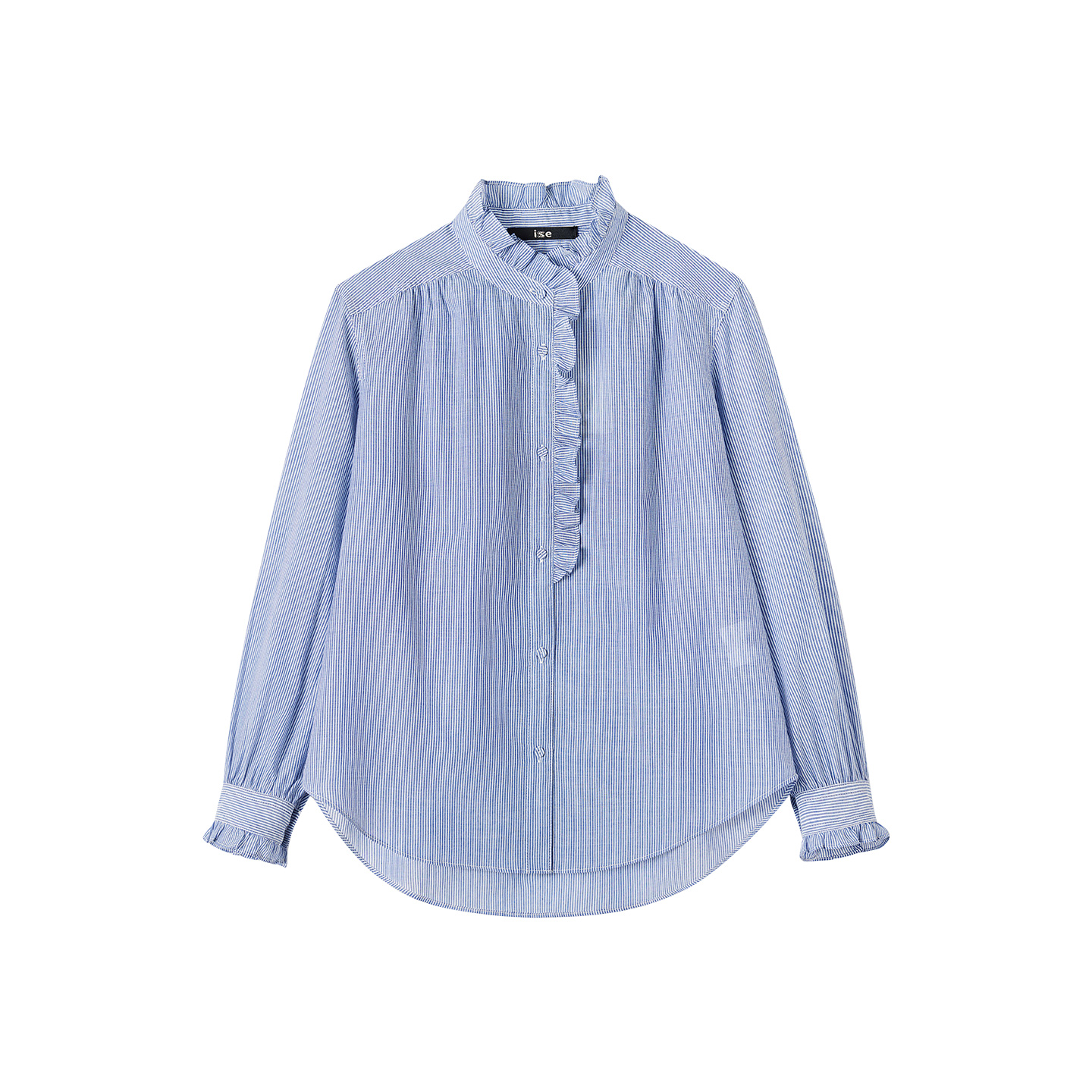 ise“Office partner”木耳边蓝色条纹100%棉长袖衬衫P2540105