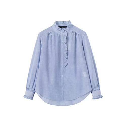 ise“Office partner”木耳边蓝色条纹100%棉长袖衬衫P2540105