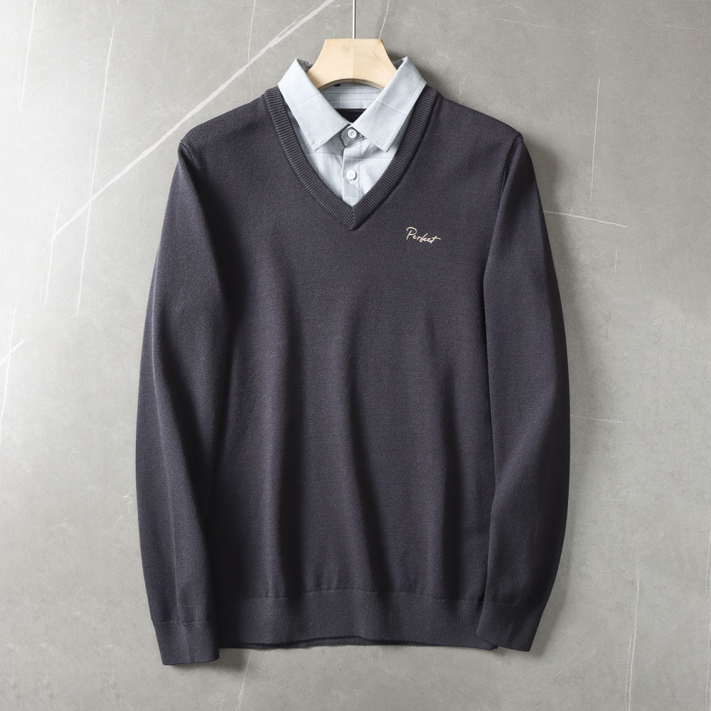 柔软厚实+字母刺绣！品牌撤柜秋冬针织打底衫男休闲衬衣领假两件