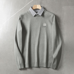 柔软厚实+精美刺绣！品牌撤柜秋冬针织打底衫男休闲衬衣领假两件