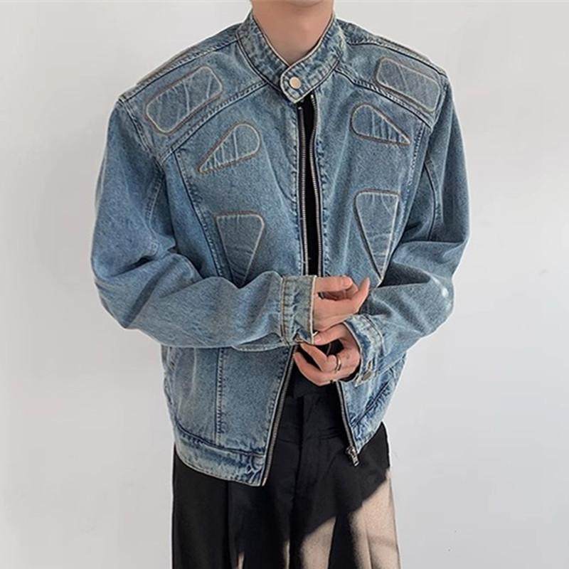 立体垫肩水洗黑灰色牛仔外套男