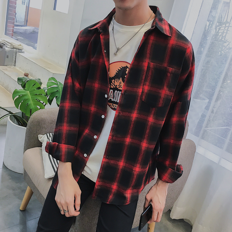 夏季港风男士格子宽松休闲长袖bf风衬衣韩版潮流学生百搭衬衫外套