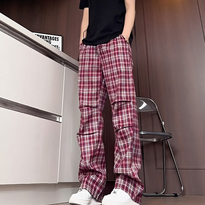 美式复古红色格子裤男夏季褶皱