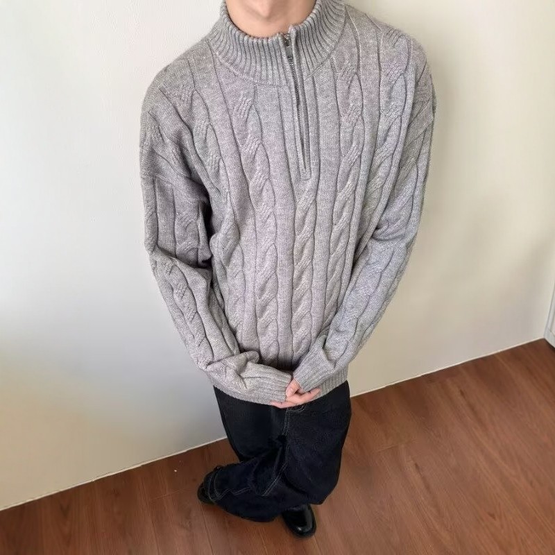 慵懒风麻花纹粗针英伦半拉链毛衣男秋冬季高级感痞帅针织衫外套潮