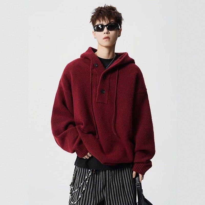 红色连帽针织衫男冬季潮牌宽松慵懒风套头毛衣高级感百搭休闲上衣
