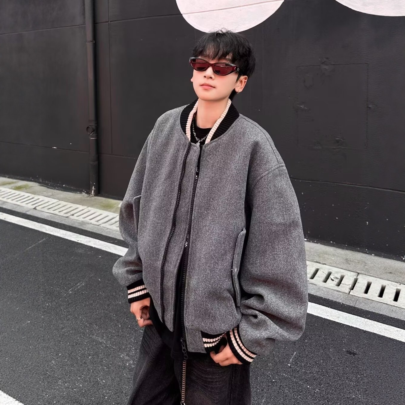 灰色短款毛呢外套男春秋美式复古夹棉棒球服高级感加厚飞行员夹克