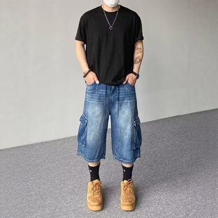 美式复古水洗做旧牛仔短裤男款夏季潮牌宽松直筒阔腿工装七分裤子