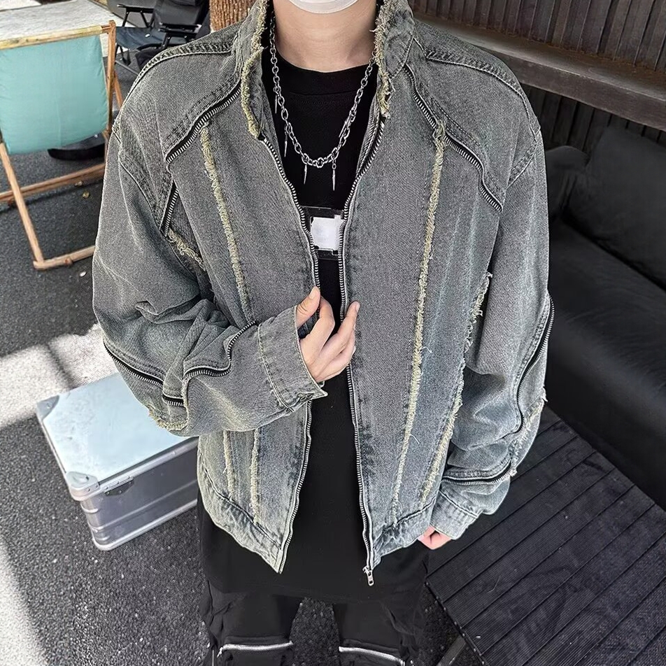 美式复古短款毛边牛仔外套春秋季