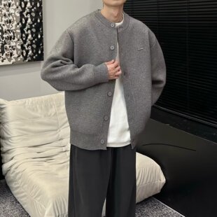 浅灰色重磅毛衣开衫男款秋季韩系慵懒风针织衫宽松休闲棒球领外套
