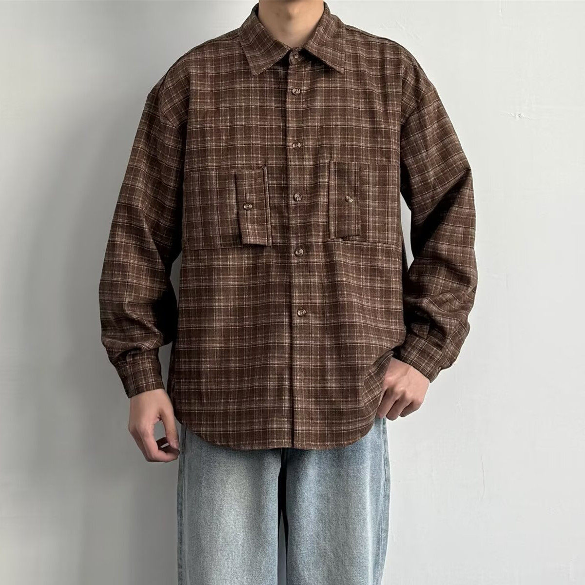 春秋日系复古咖啡色格子衬衫男