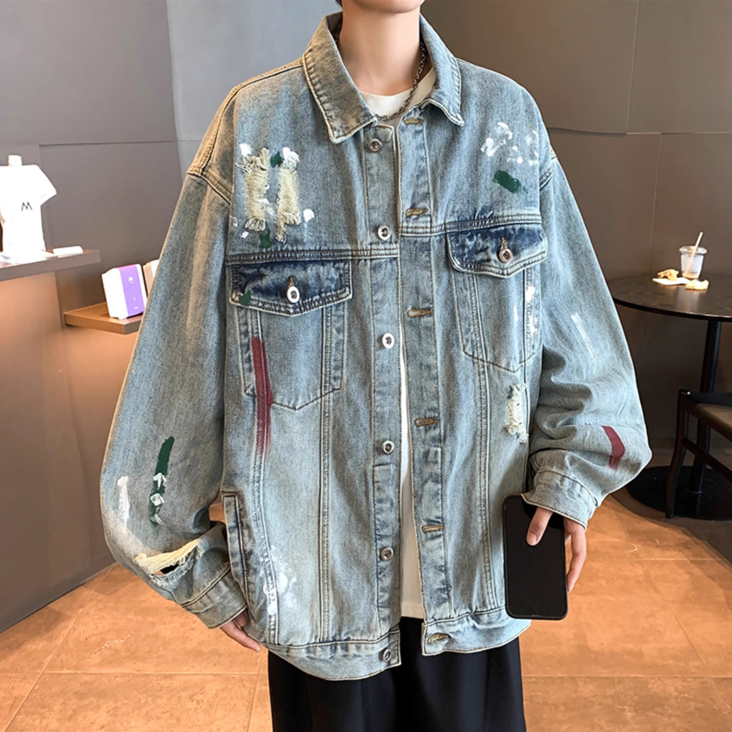 涂鸦牛仔外套男士秋季新款美式