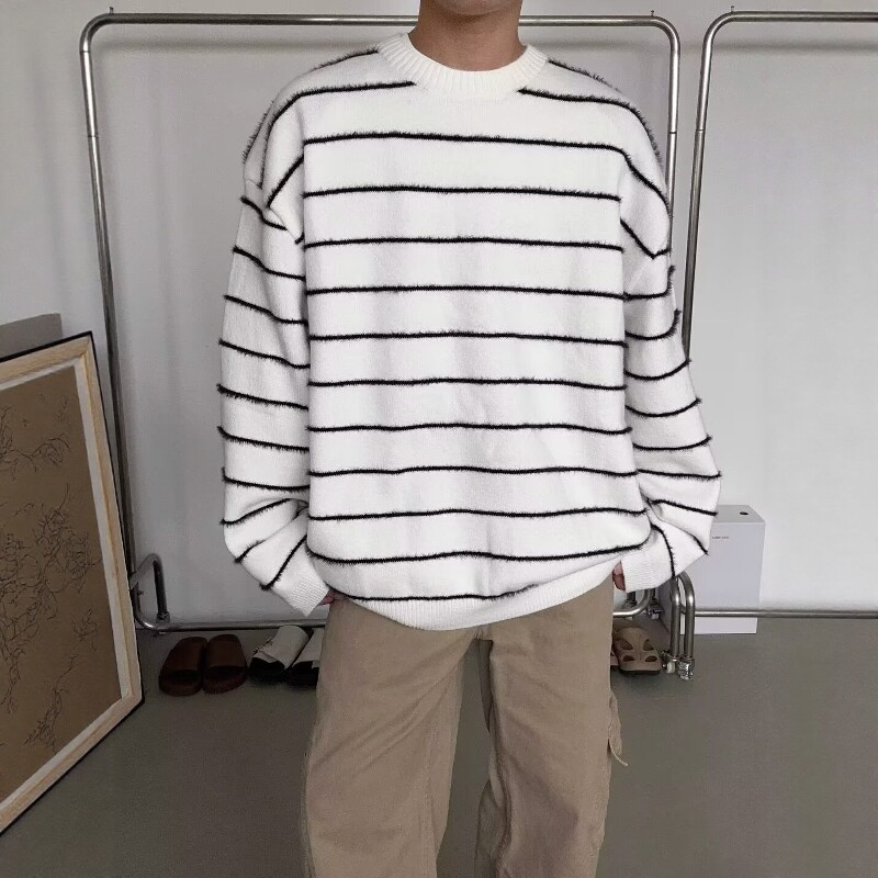 oversize条纹白色毛衣男秋冬季