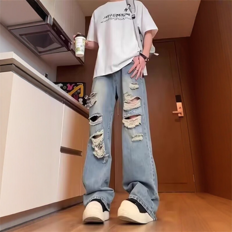 蓝色破洞牛仔裤男款美式高街vibe弯刀裤子修身显瘦直筒乞丐微喇裤