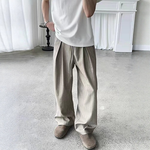 老钱风条纹西裤男款秋季美式复古宽松垂感微喇裤痞帅弯刀直筒裤子