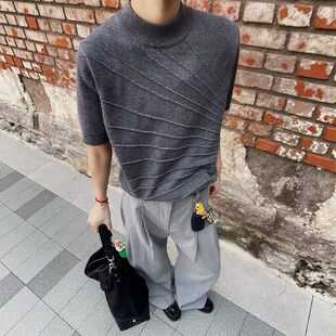 灰色放射线提花针织短袖男款夏美式痞帅高级感t恤设计感正肩上衣
