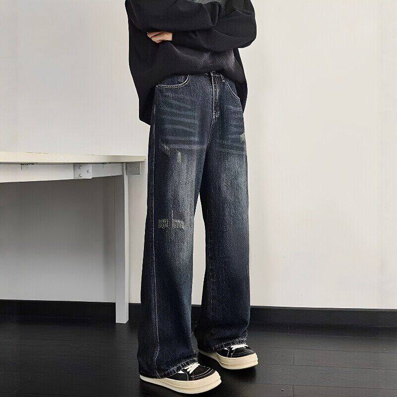 深蓝色复古牛仔裤男秋冬刮烂宽松