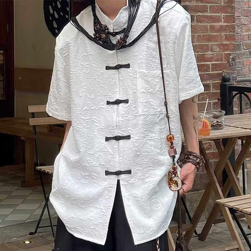 新中式国风提花立领短袖衬衫男生夏季小众设计感复古盘扣休闲衬衣