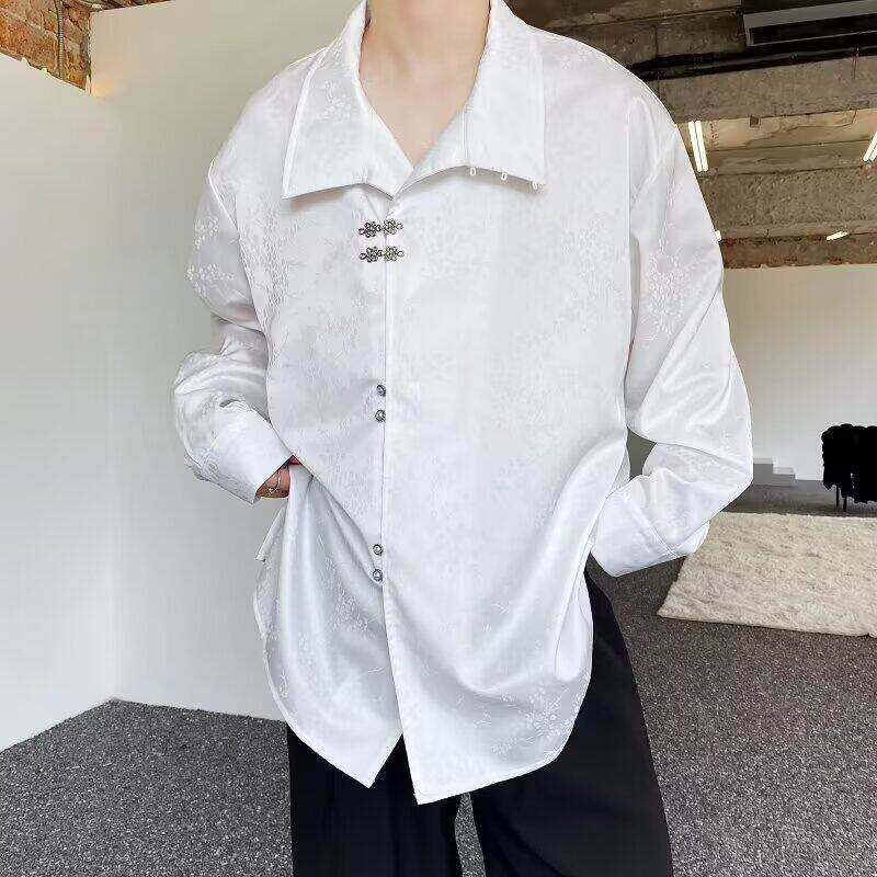 新中式提花缎面衬衫男金属盘