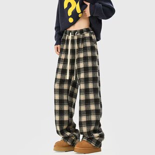 红色毛呢格子卫裤男款美式复古加绒加厚宽松情侣直筒阔腿裤子秋冬