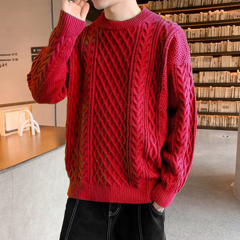 2025秋冬季新款麻花毛衣男士圆领保暖针织打底衫纯色加厚打底线衣
