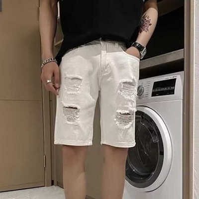 牛仔短裤男夏季薄款白色破洞