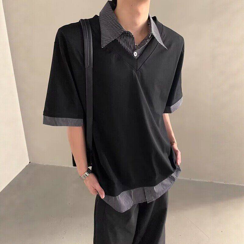 美式假两件衬衫拼接V领T恤男生夏季痞帅短袖POLO衫高级感正肩半袖