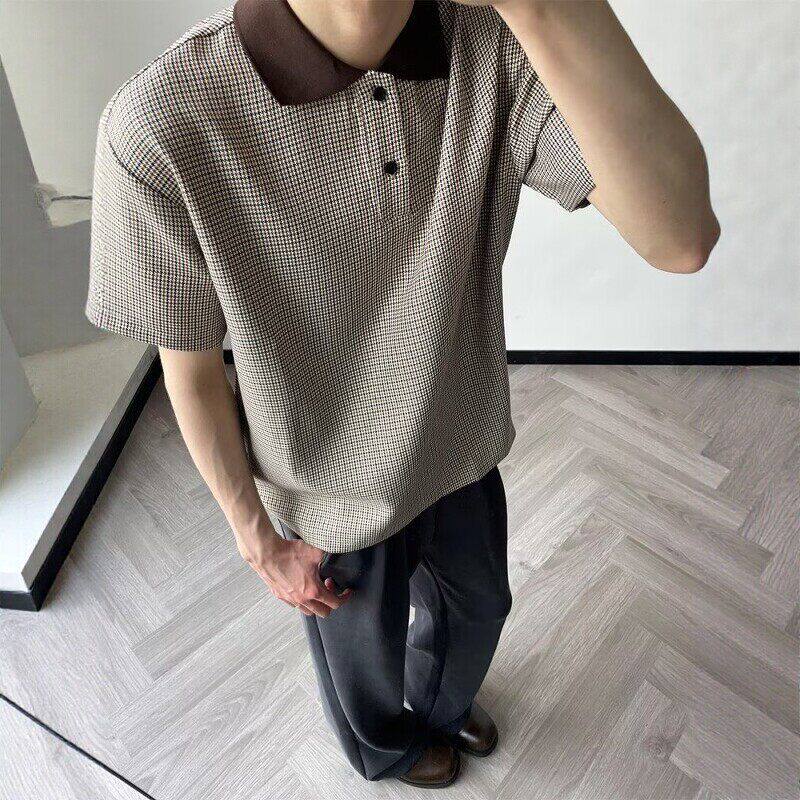 千鸟格撞色短袖Polo衫男 复古翻领针织衫 高级感通勤商务休闲上衣
