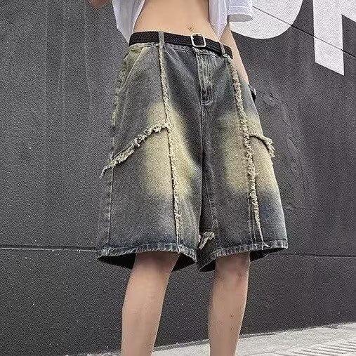 做旧废土风毛边水洗牛仔短裤男款