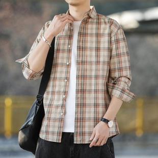 衬衫男高级感春秋季潮流纯棉格子上衣服男生2024新款休闲长袖外套