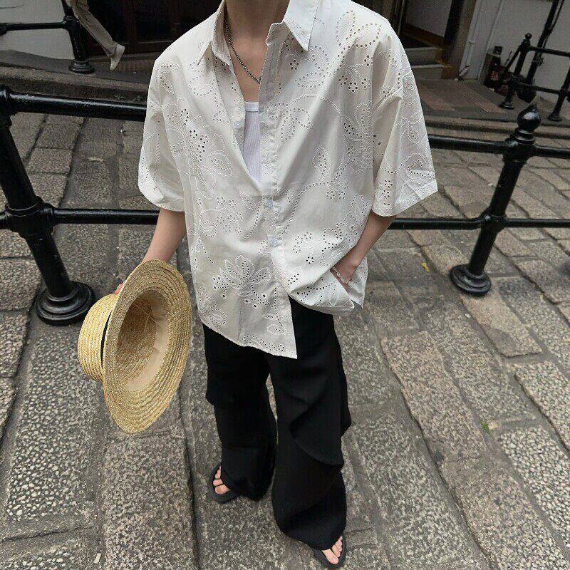 美式刺绣花痞帅衬衫男休闲潮流