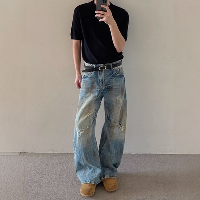 复古脏洗绣染做旧破洞牛仔裤男