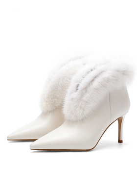 皇冠老店诺贝达秋冬尖头细跟25新款时装靴保暖毛毛短靴RA254320