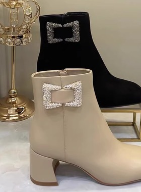 Roberta诺贝达女鞋专柜正品2023新款冬靴粗跟水钻短靴RA238205