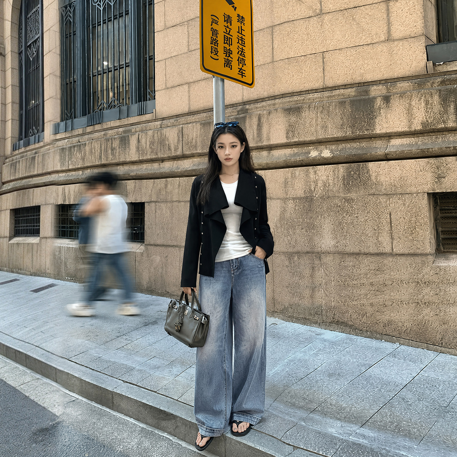 Tinglikes大码女装胖mm休闲黑色柳钉外套女秋季复古牛仔长裤套装
