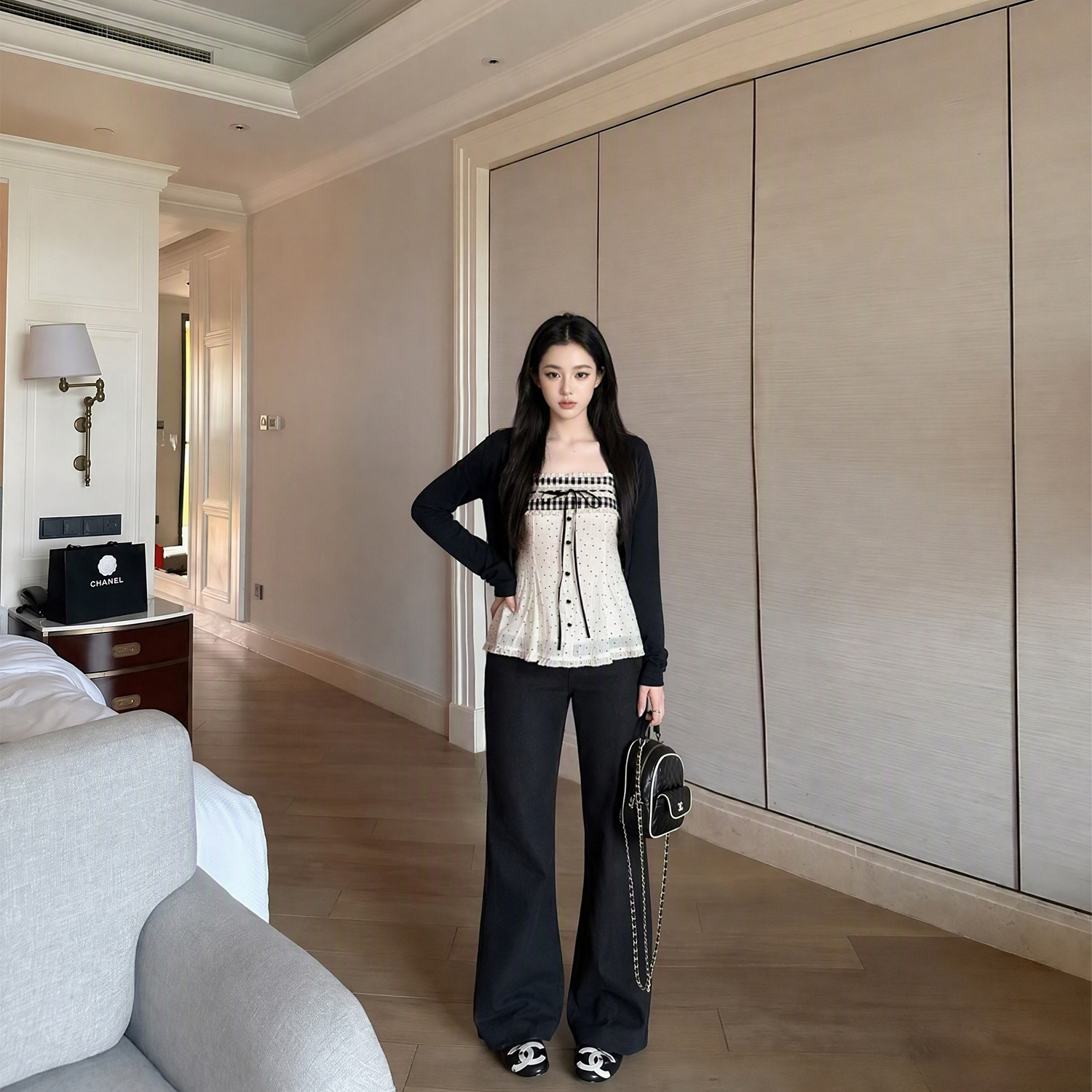 Tinglikes大码女装显瘦遮肉套装女韩系慵懒风蝴蝶结吊带开衫长裤