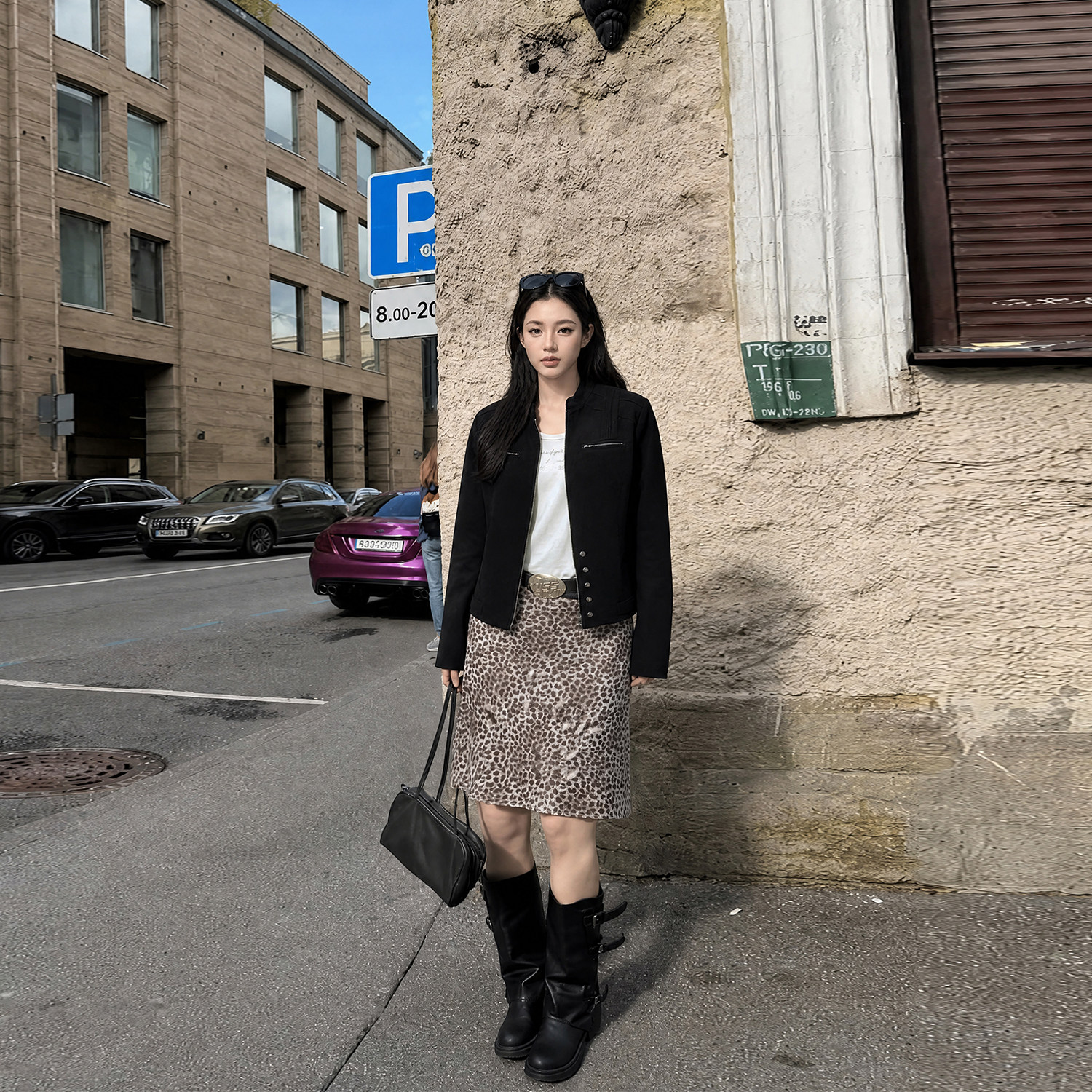 Tinglikes大码女装胖mm秋冬韩系复古立领外套女显瘦豹纹半裙套装