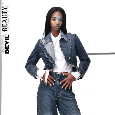 【现货】DevilBeauty新款不规则门襟牛仔外套女短款修身翻领上衣
