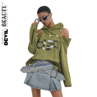 【现货】DevilBeauty新款字母印花连帽T恤女长袖宽松可拆卸上衣