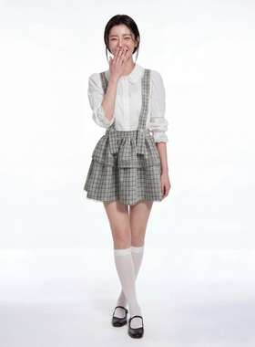 Mamyo Yoo2026春夏新款复古格纹背带裙无袖褶皱短裙高腰a字裙